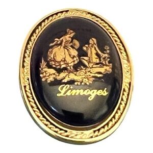 Limoges Courting Scene Black and Gold Oval Pin Brooch